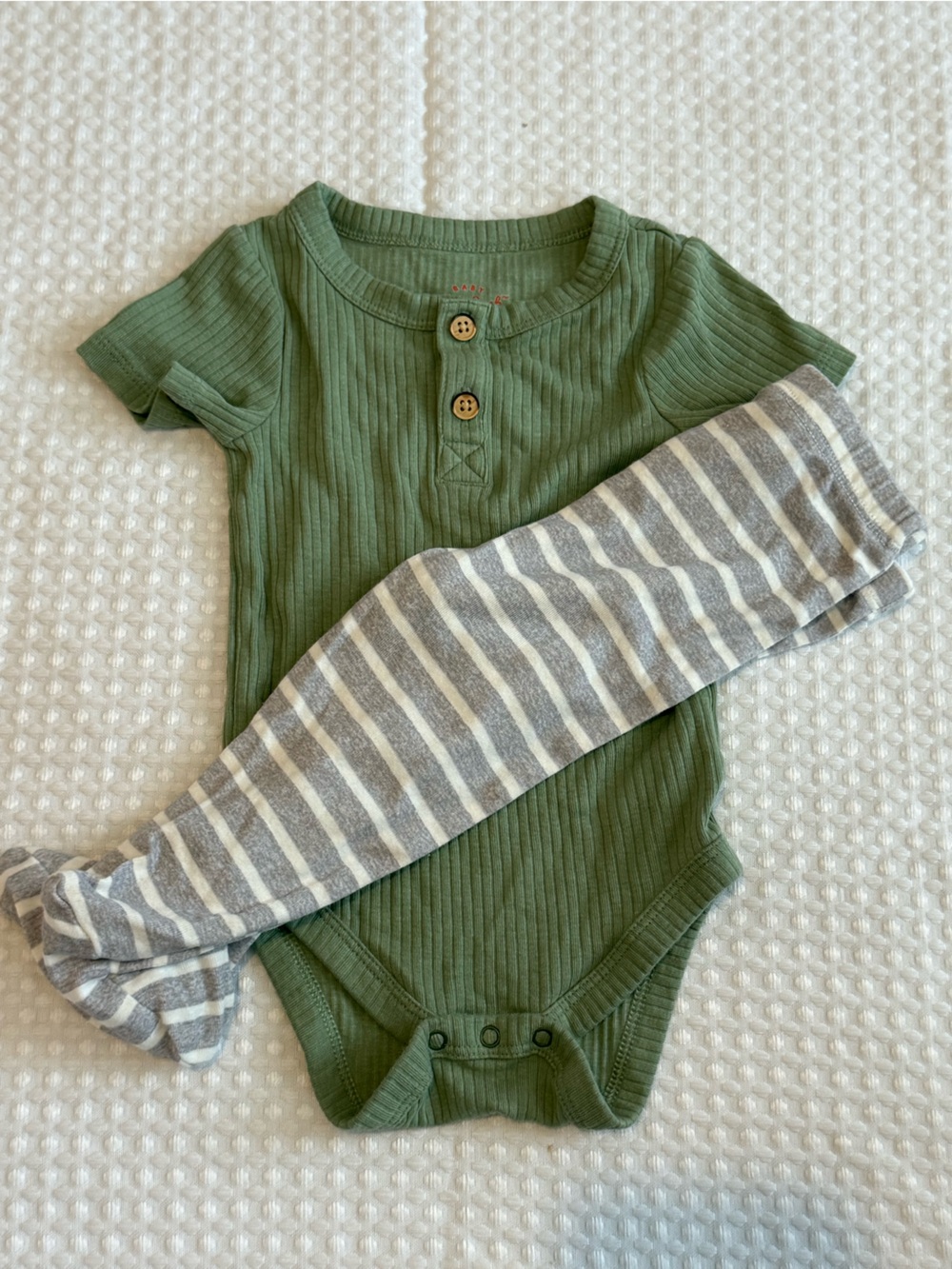 Olive Green Ribbed One-Piece Bodysuit with Gray Stripe Leggings